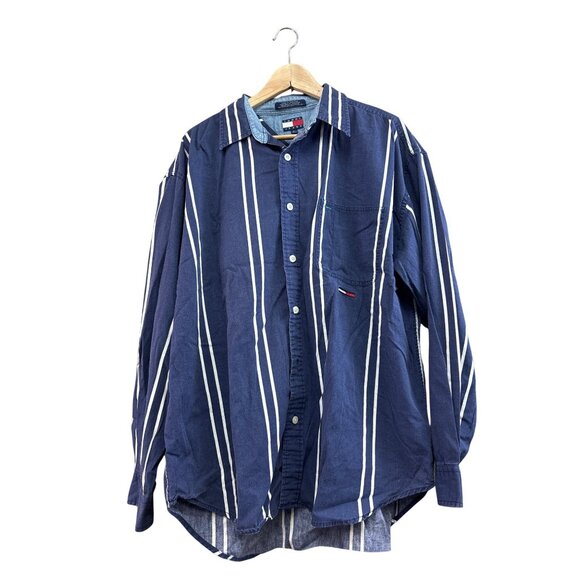 Tommy Jeans Mens XL Striped Long-Sleeve Button-Up Shirt Navy Blue & White 100% C - Picture 1 of 9